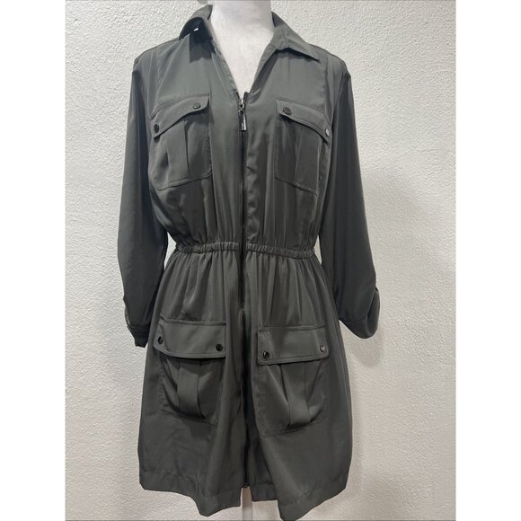 ALFANI Women's Zip Up Shirt Dress Military Safari Olive Green Roll Tab Sleeve12P - Picture 2 of 12